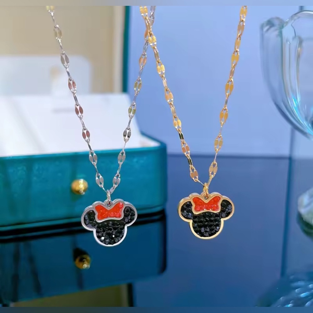 18K Gold Minnie Mouse Theme Black & Red Crystal Adorned Necklace No Fade - Picture 5 of 6
